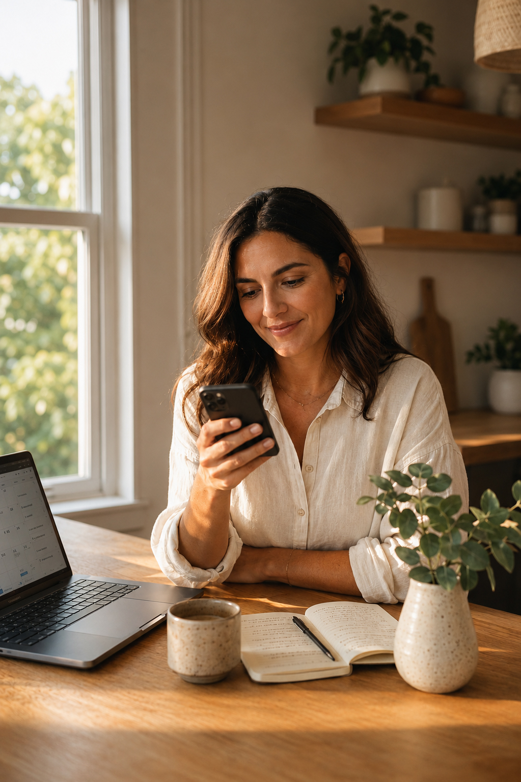 A social media manager working from a warm, sunlit home office, smiling as she reviews her phone