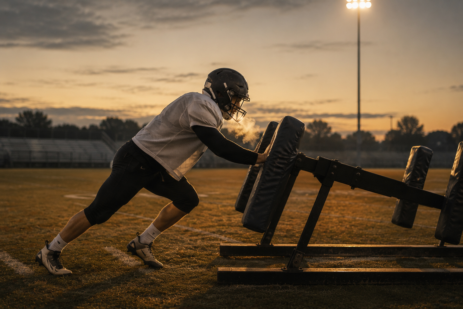 Teen football player driving a blocking sled at dawn on an empty field