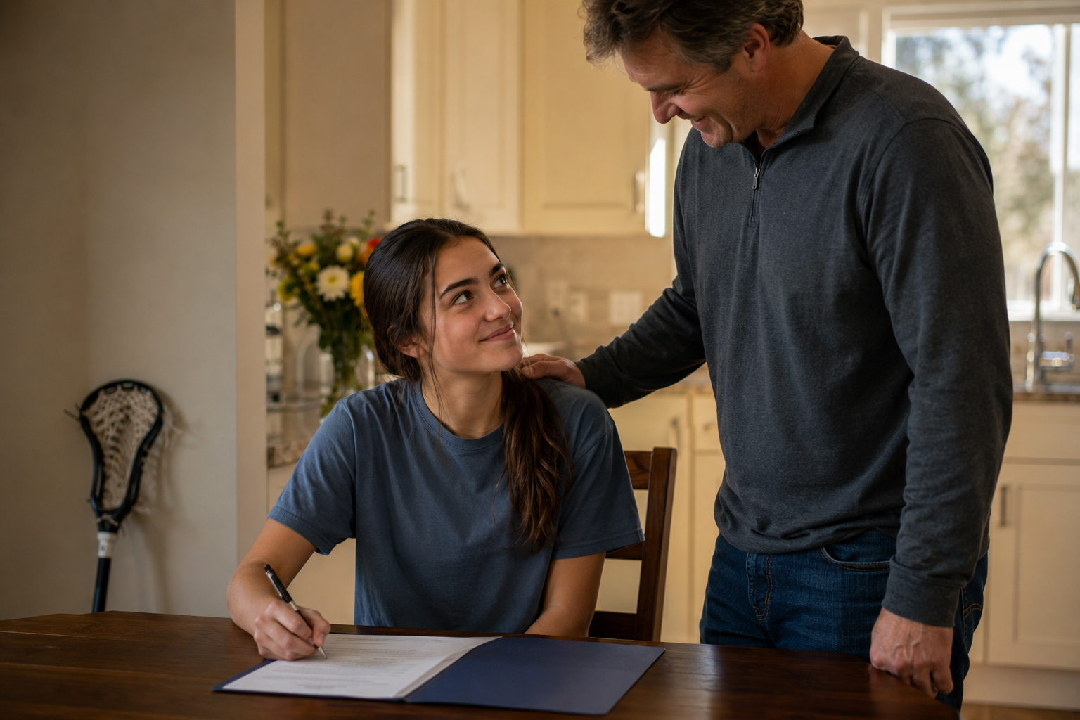 Teen lacrosse player signing her letter of intent at a kitchen table with her father standing beside her
