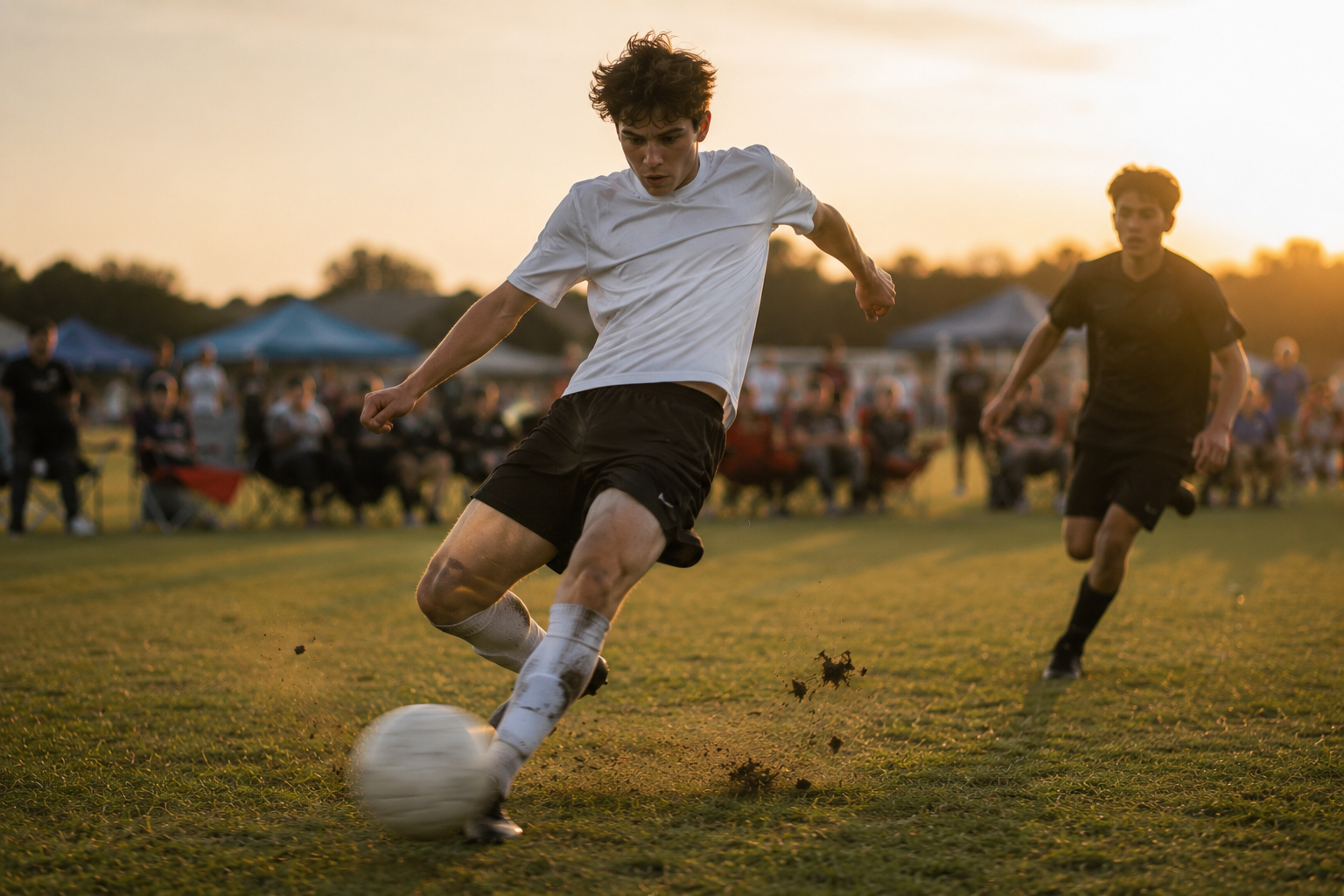Teen soccer player mid-strike at golden hour during a tournament game
