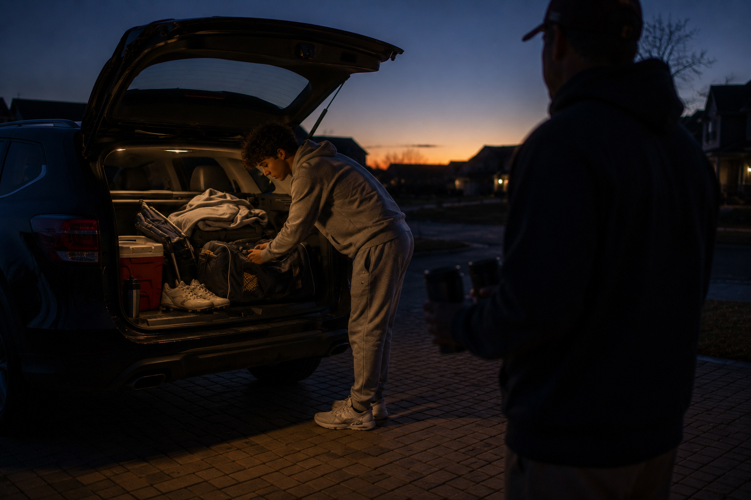 Athlete loading gear into the back of an SUV at dawn while a parent stands by with two travel coffee mugs