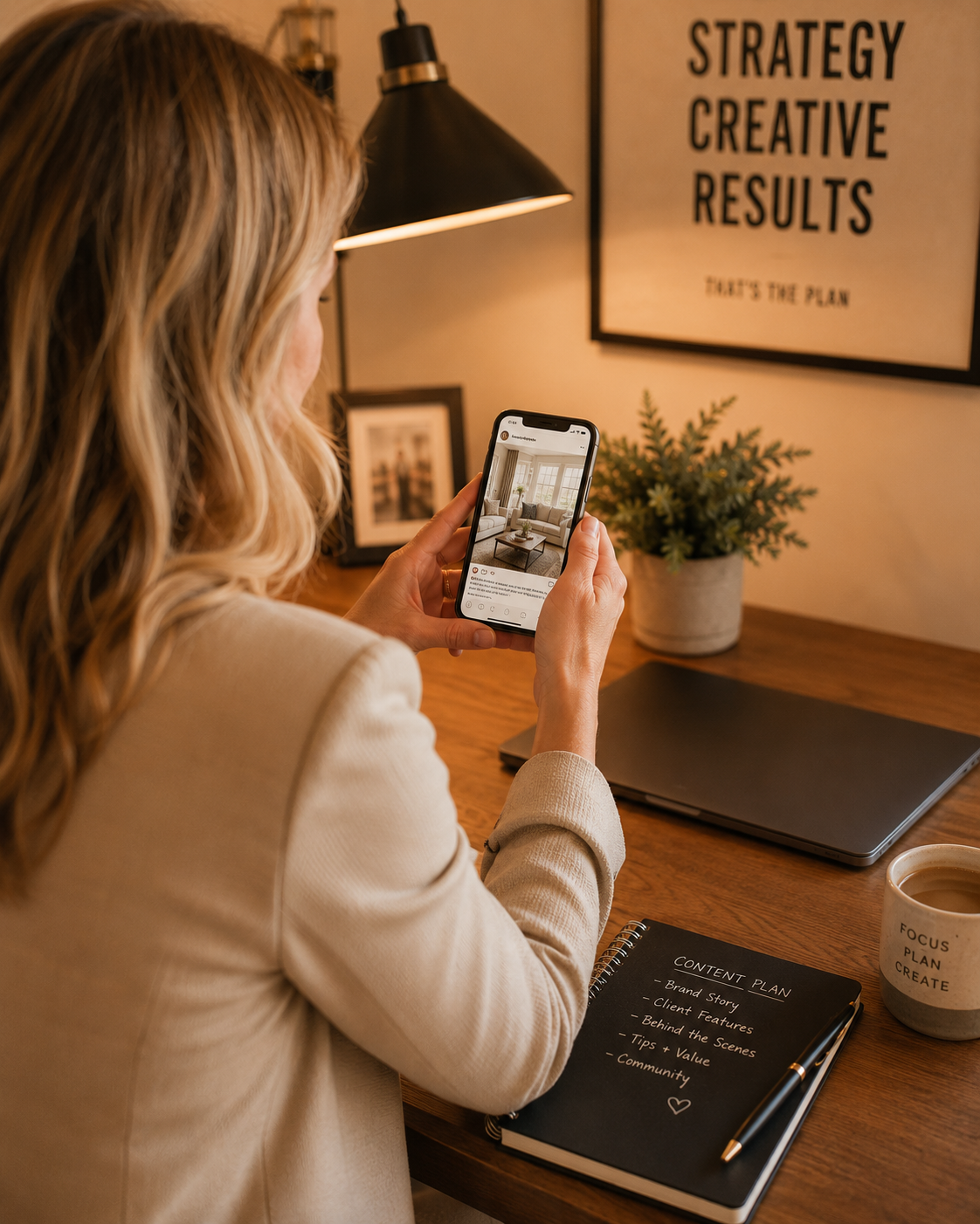 A social media manager texting a client's content to PostShop from a laptop and phone
