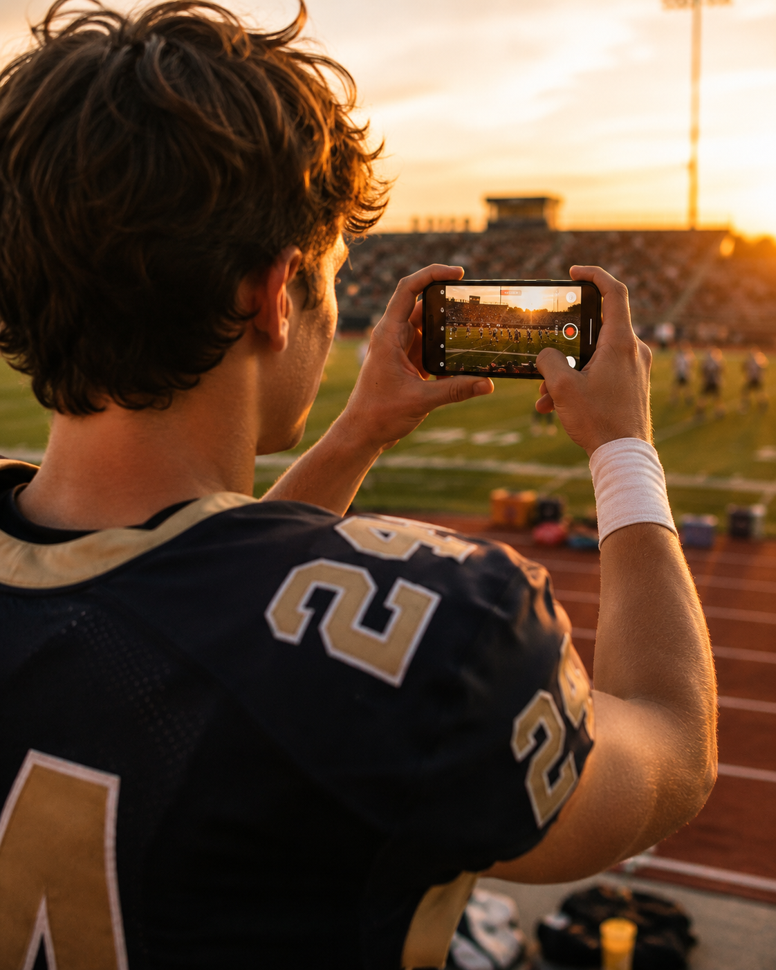A parent texting a photo of their student athlete from the stands at a game