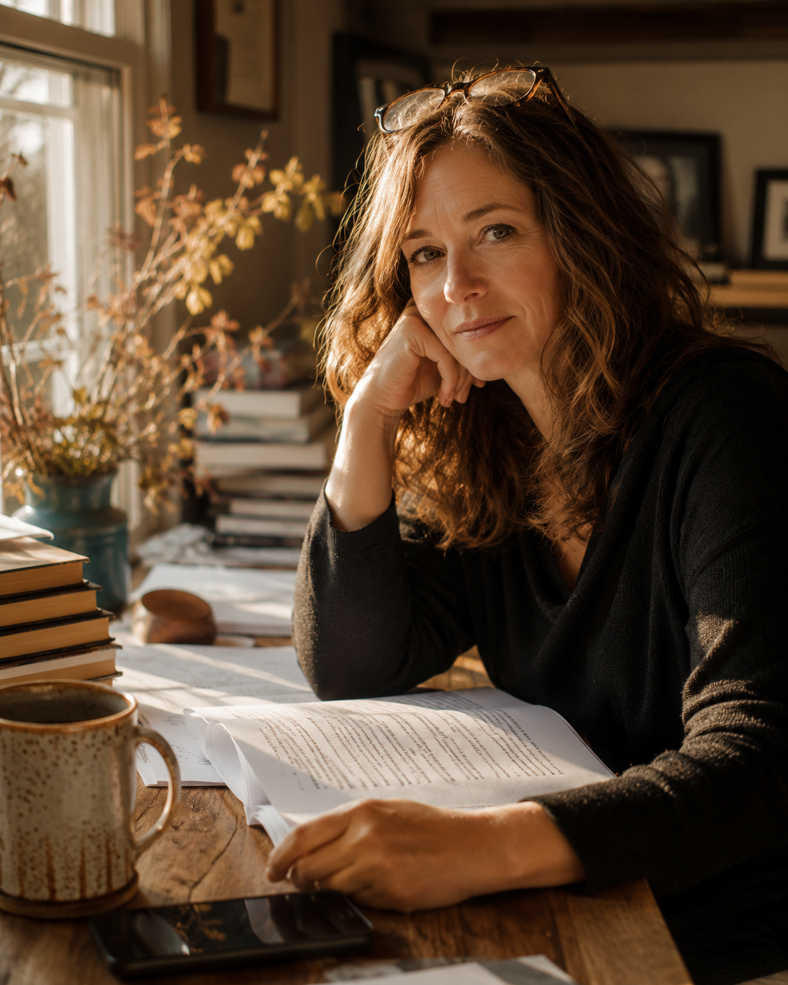 A writer sitting back from her desk, thinking, books stacked in front of her