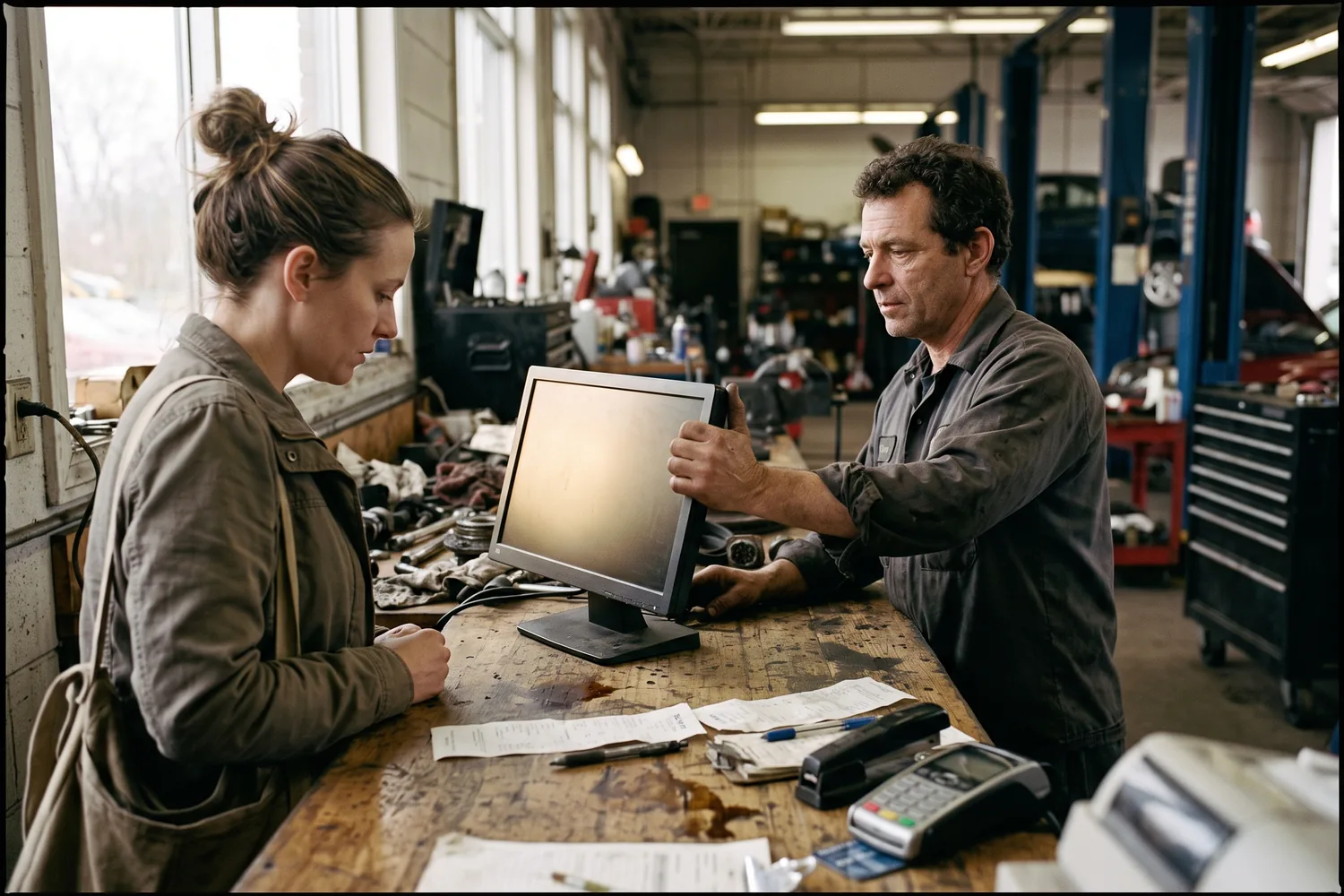 A service advisor and a customer at the front counter of a repair shop, the advisor turning a screen toward the customer to show something.
