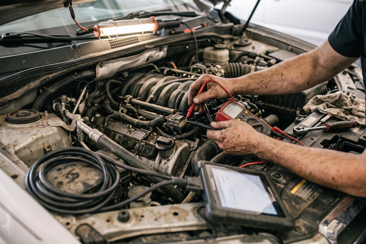 A technician’s hands using a multimeter to back-probe a connector inside an engine bay, with a scan tool resting on the fender.