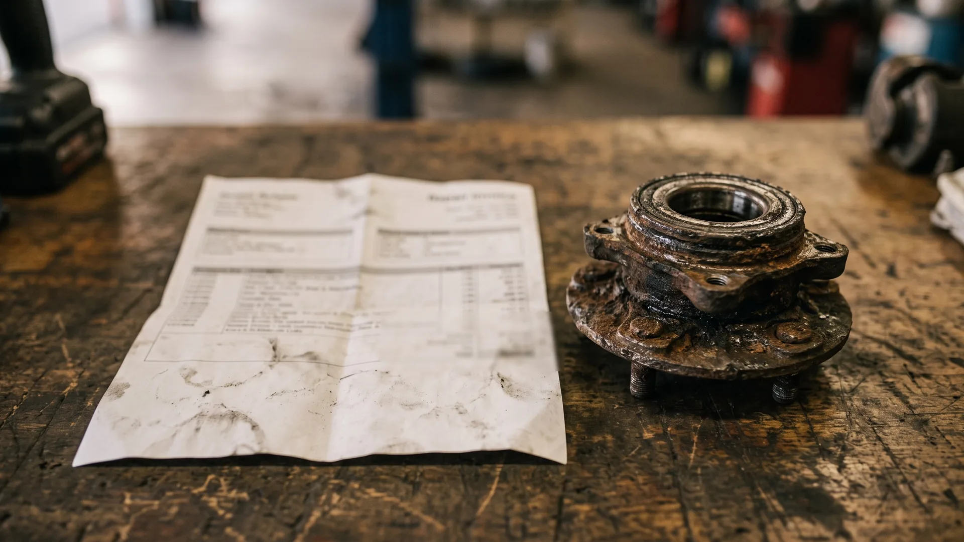 A printed repair invoice lying on a shop counter beside the failed part that was replaced, under overhead light.