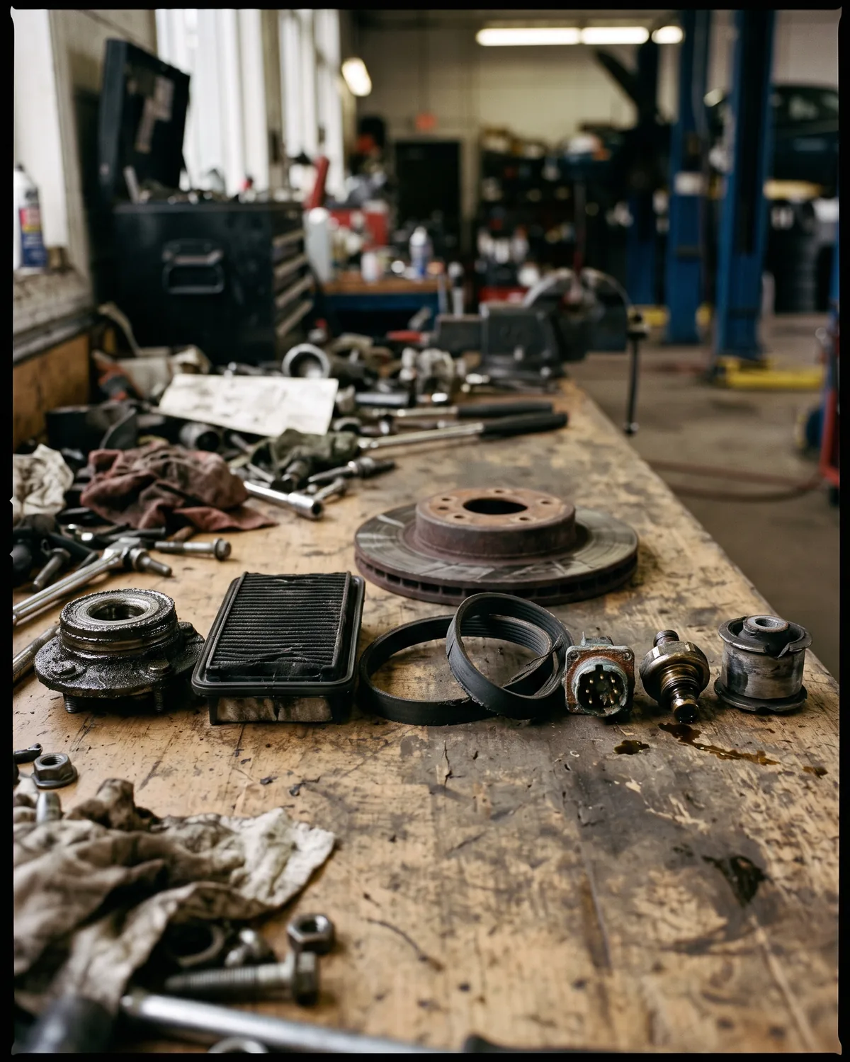 Several worn and failed parts lined up on a workbench at the end of a shift, including a bearing, a filter and a brake rotor.