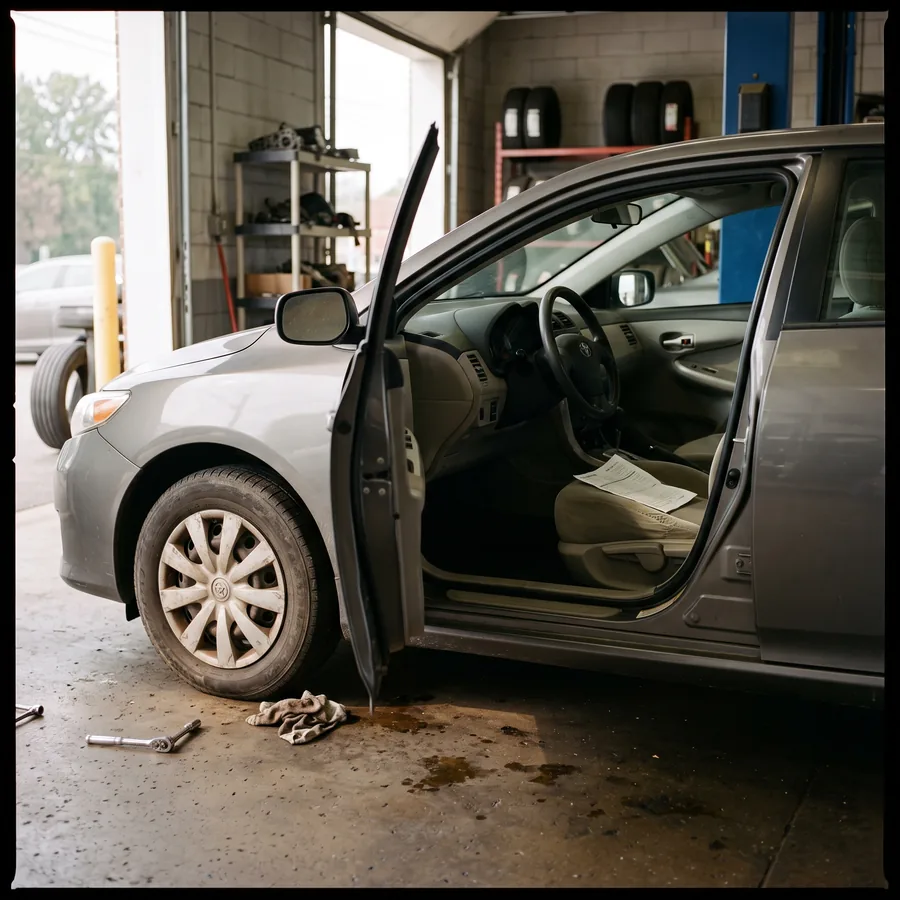 A car parked in the bay with the customer’s complaint written on a repair order lying on the seat.