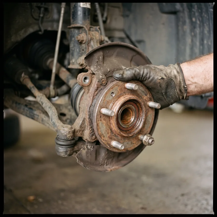 A wheel hub with the bearing exposed, a technician’s hand demonstrating visible play in the assembly.