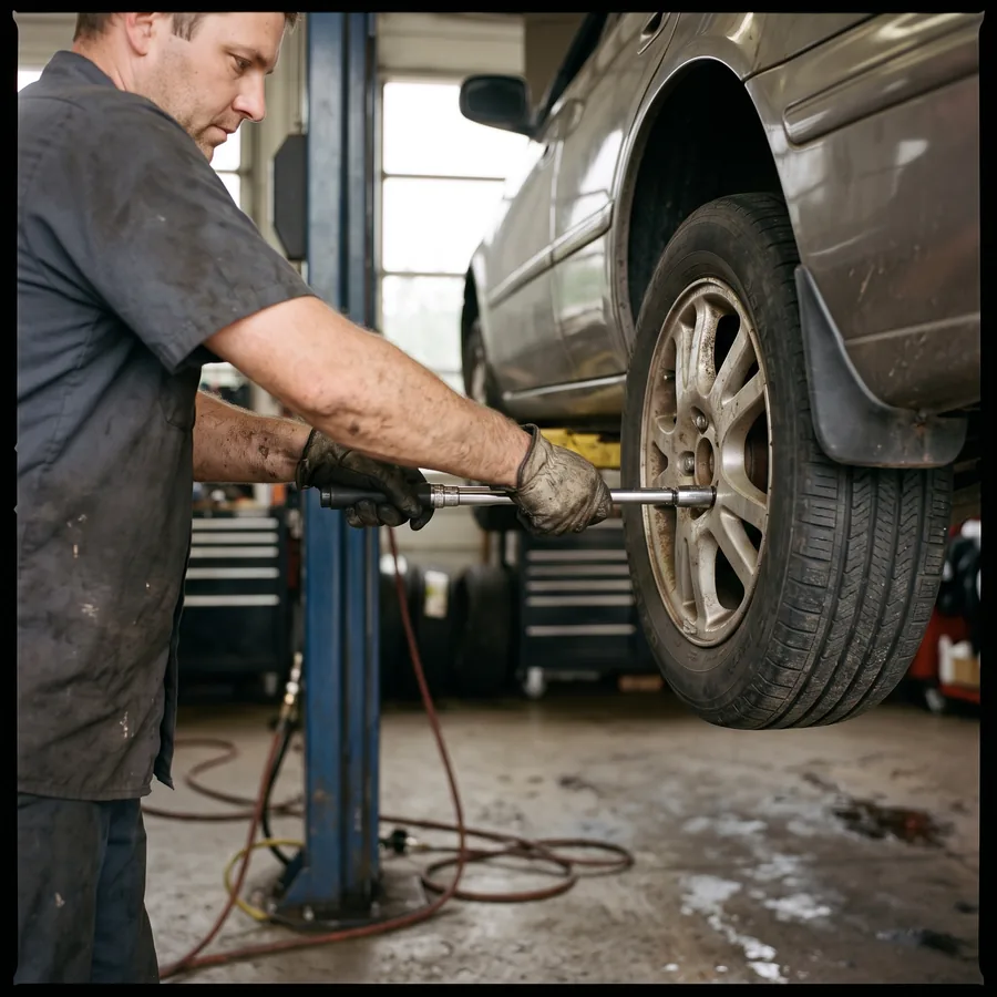 The replacement bearing installed and the wheel back on, the technician tightening lug nuts with a torque wrench.