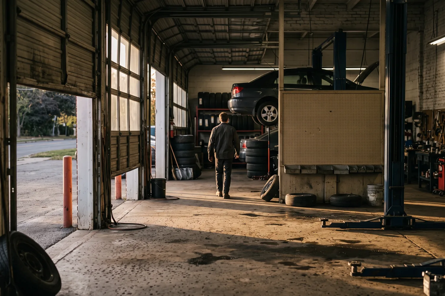 A small independent repair shop at the end of the day, bay doors open, one car still on the lift, a technician walking back into the shop in low evening light.