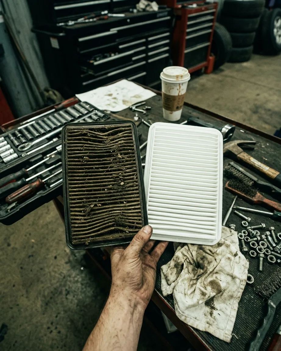 A filthy engine air filter held up beside a brand-new one for comparison, over a cluttered workbench of sockets, tools and a coffee cup.