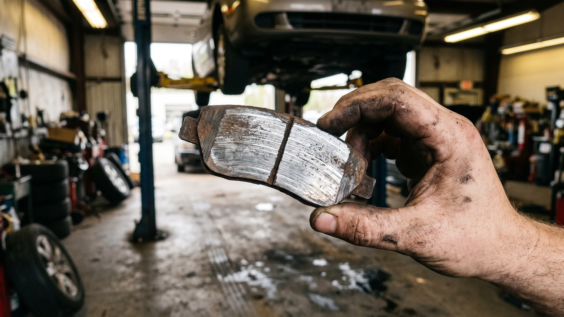 A brake pad worn through to the steel backing plate, held in a technician’s grease-stained hand, with a car on a lift out of focus behind it.