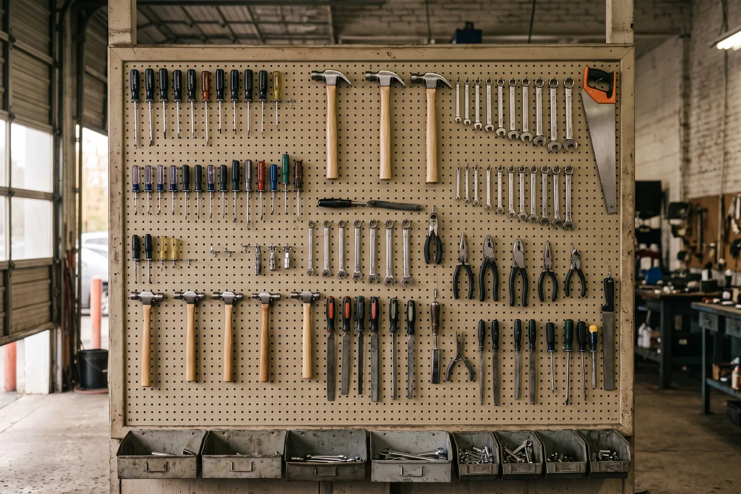 A pegboard wall of brand-new, never-used hand tools, perfectly arranged and evenly spaced, with no signs of wear.