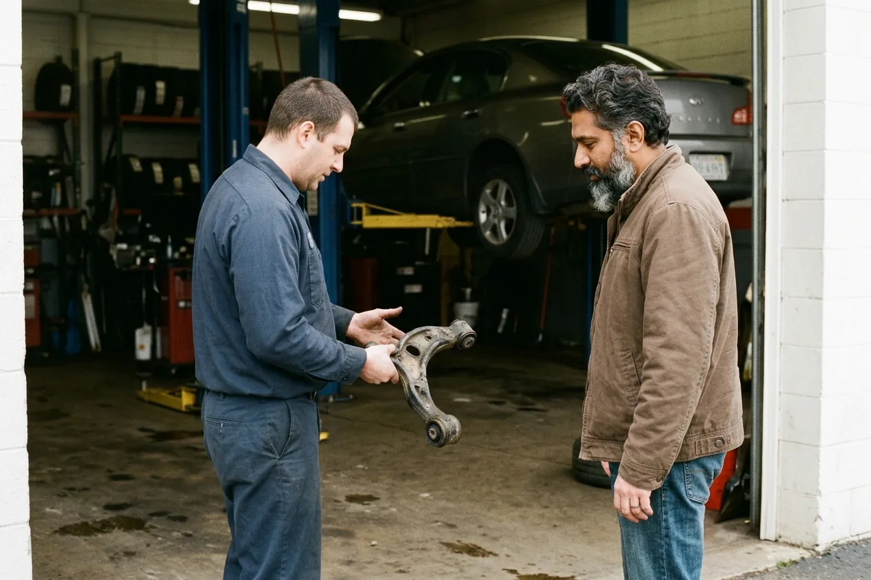 A technician holding a worn control arm and showing it to a customer standing just inside an open bay door, both looking down at the part.