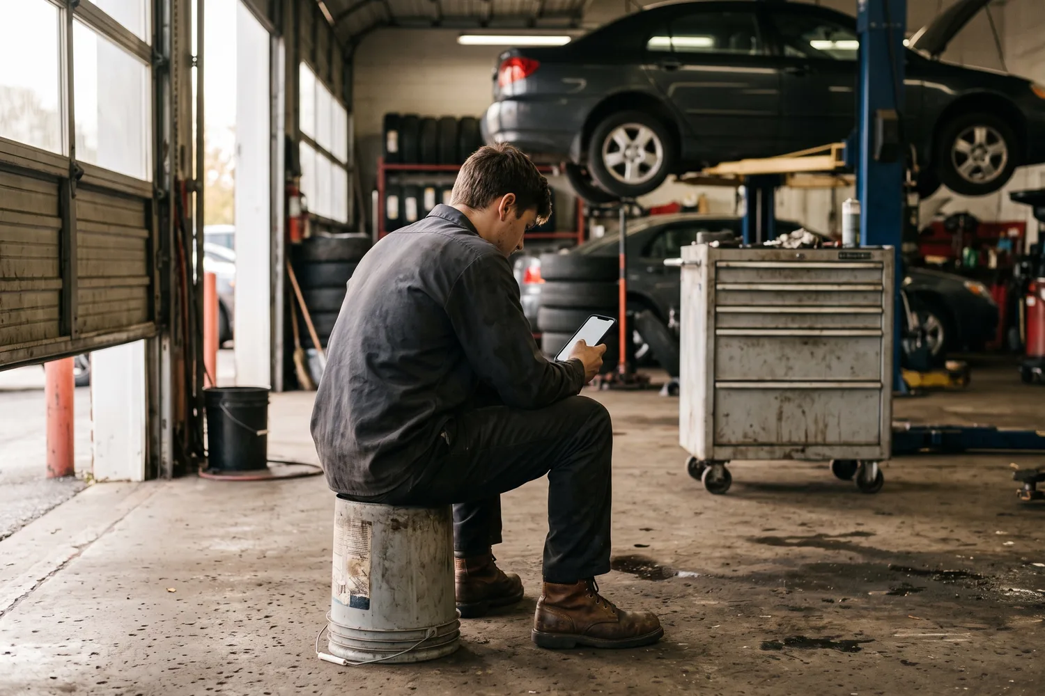 A young technician sitting on an upturned bucket in a repair bay during a break, seen from behind, looking at a phone.