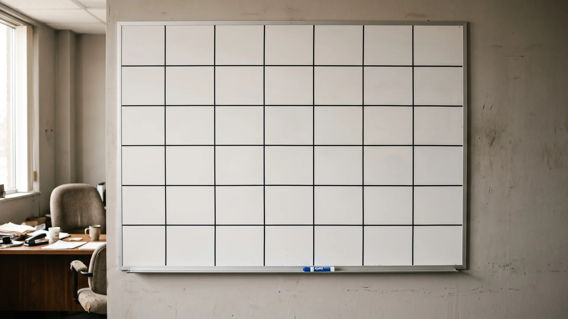 A whiteboard wall calendar ruled into empty squares, a single marker resting in the tray beneath it, in an ordinary office.