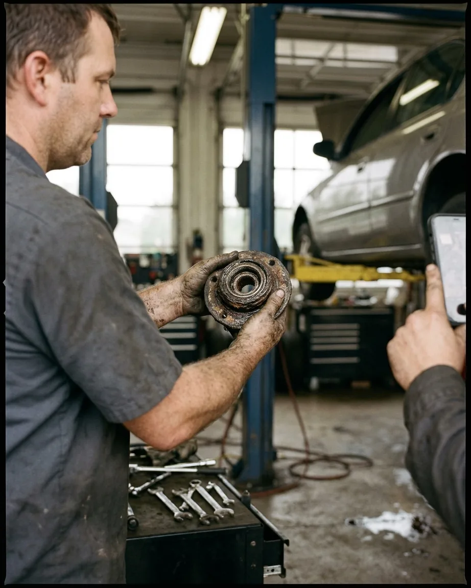 A technician holding a badly worn wheel hub up toward a phone camera held by a colleague, in a working repair bay.