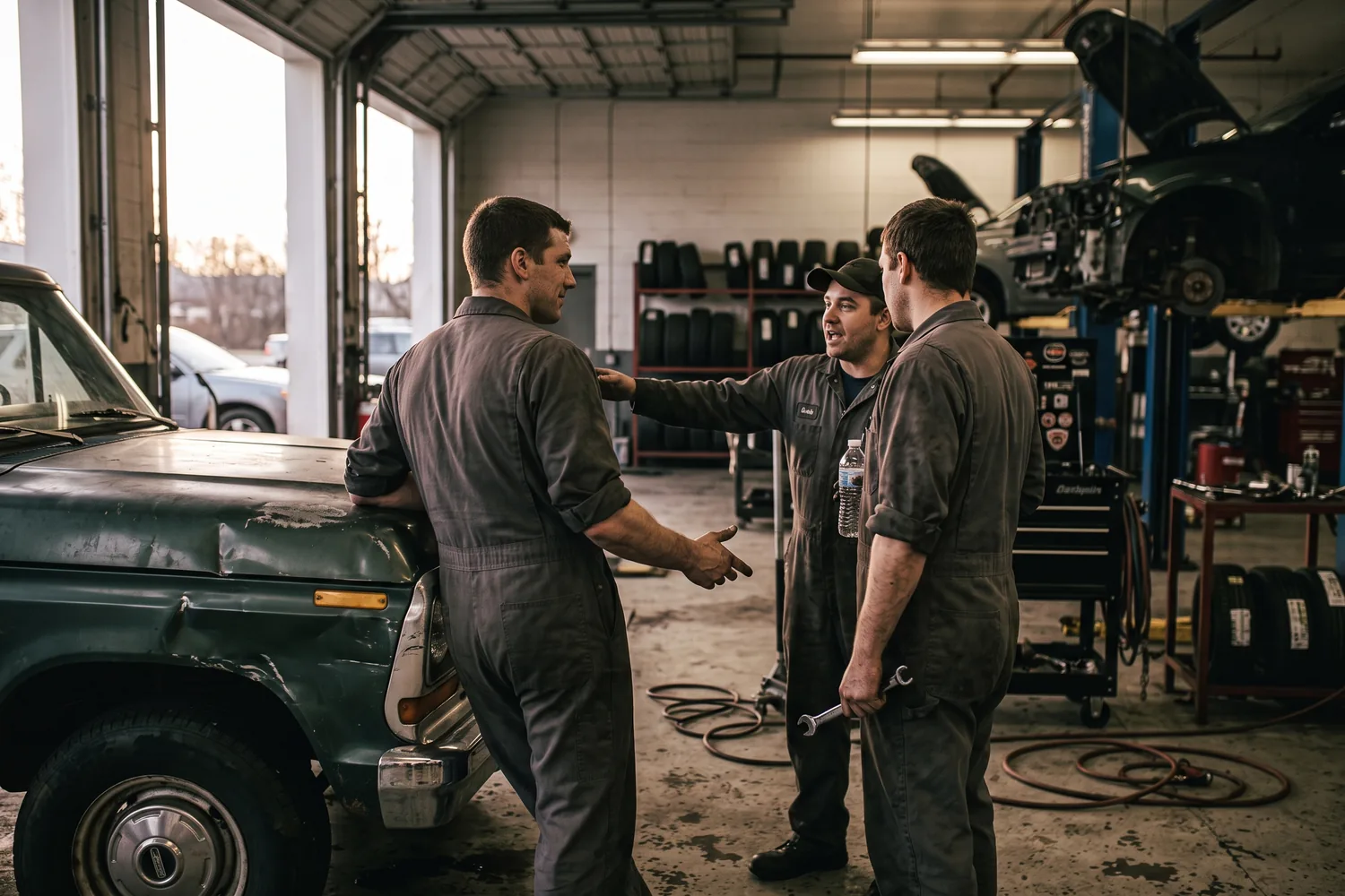 Three technicians standing together in a repair bay at the end of the day, talking, tools still out.