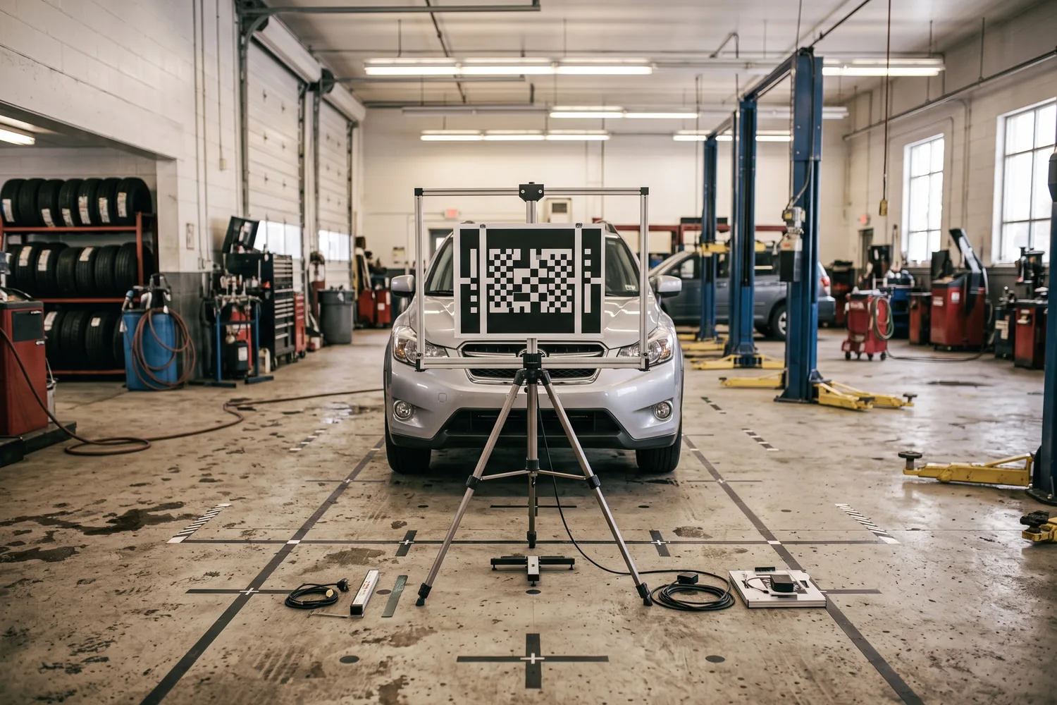 An ADAS calibration frame and target set up in front of a vehicle inside a repair bay.
