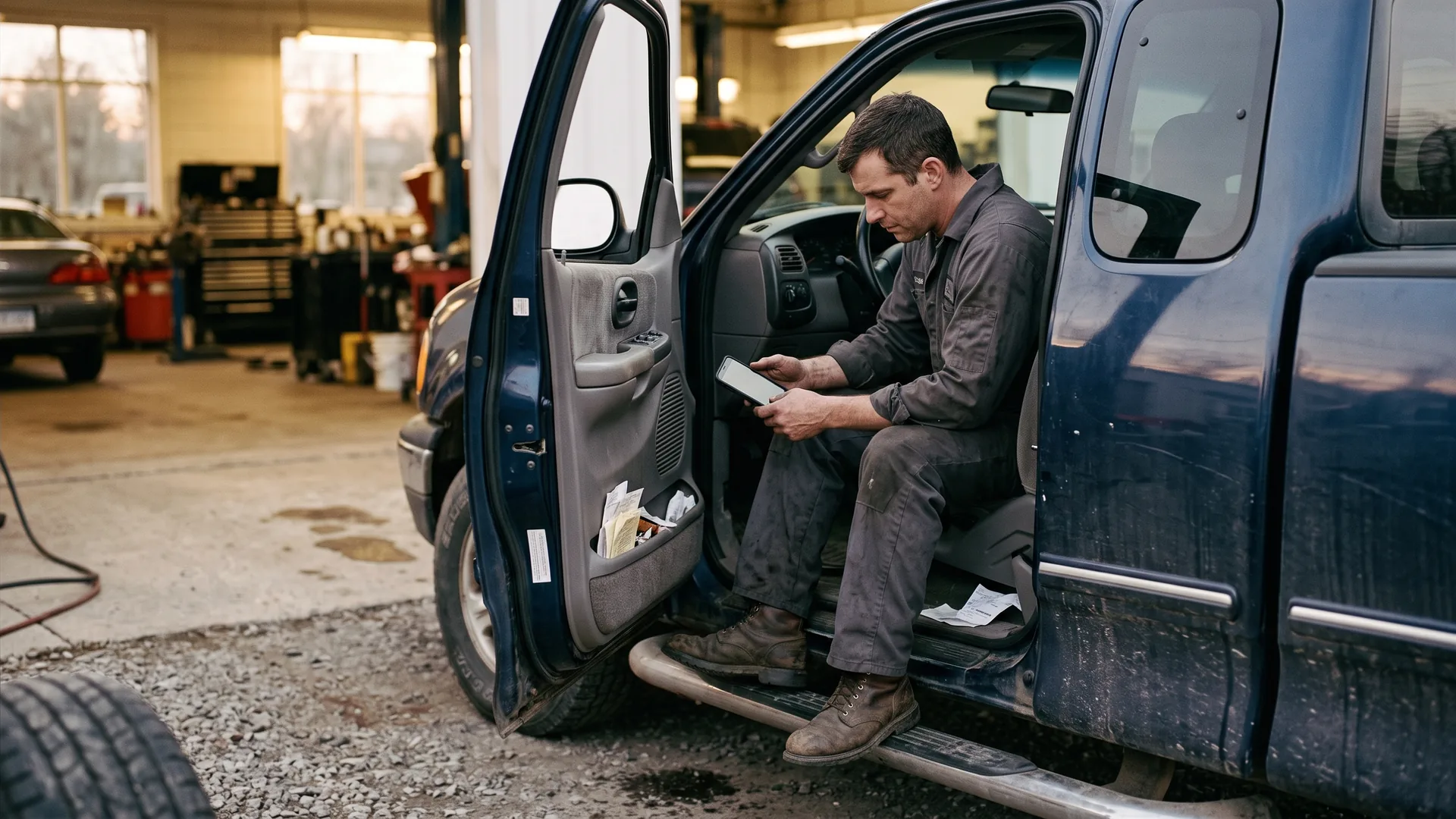 A technician in work clothes sitting in the cab of his truck at the end of a shift, looking at his phone.