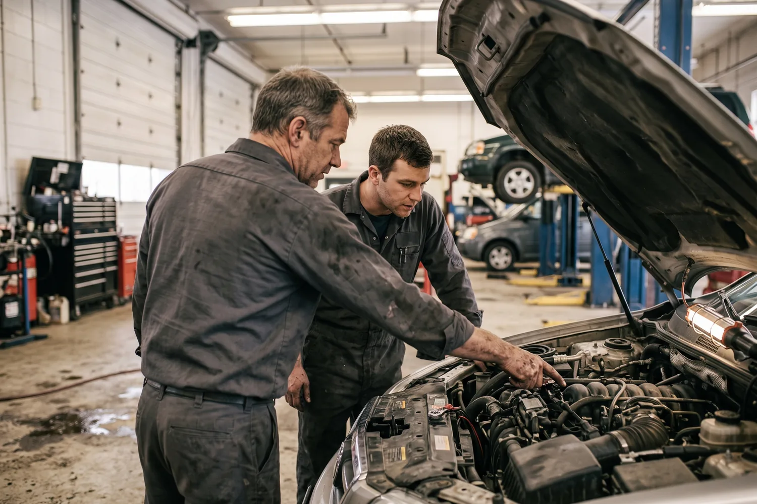 An experienced technician standing beside a car with a younger technician, pointing at something under the hood while the younger man looks on.