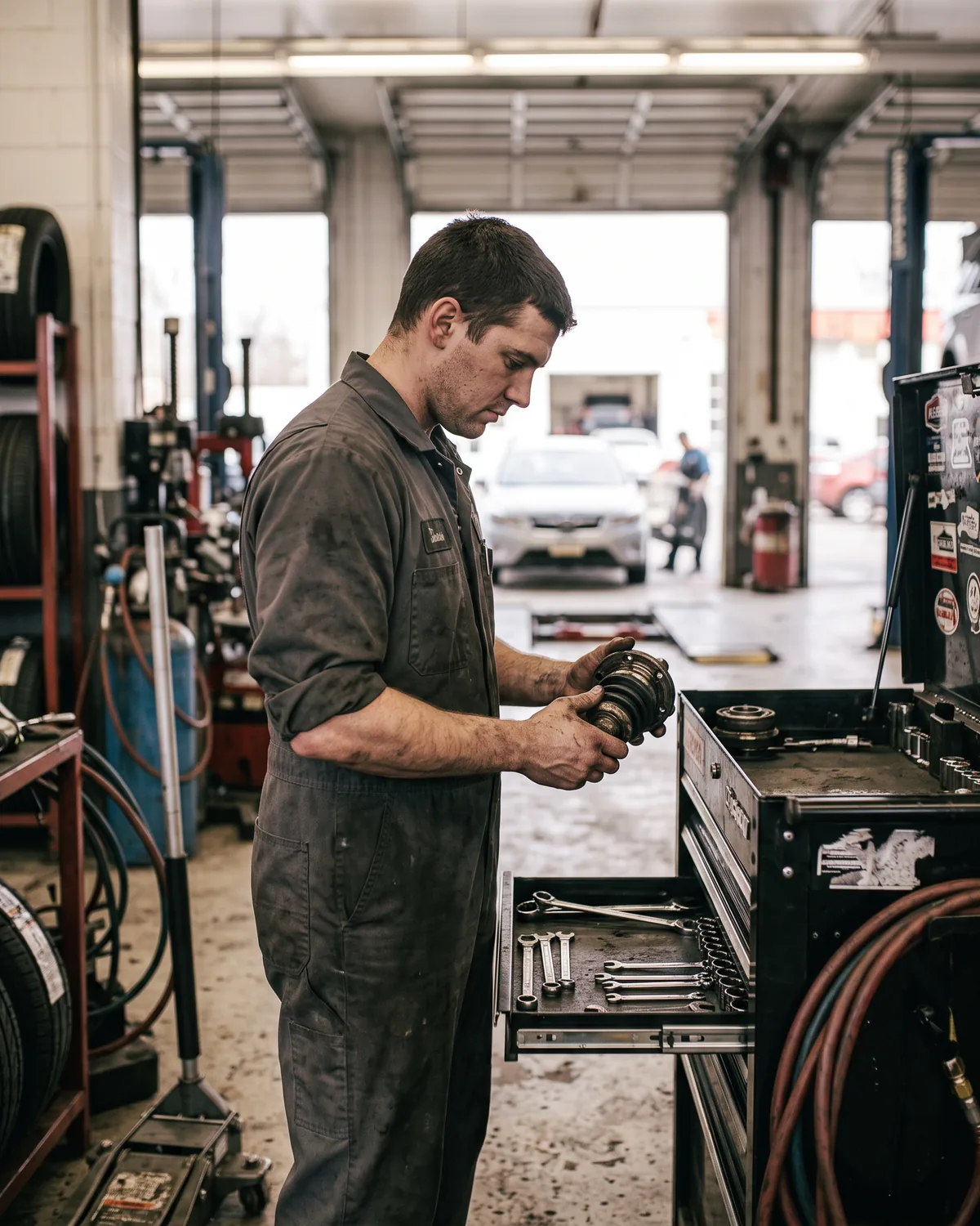 A technician standing at his rolling tool box between jobs, sleeves rolled, looking down at a part in his hands.