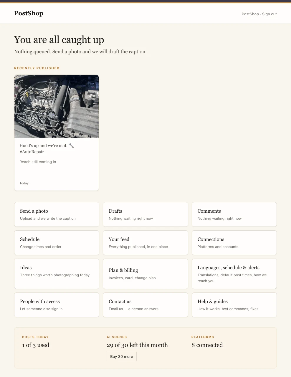 The PostShop dashboard, showing what published recently and tiles for sending a photo, drafts, comments, schedule, connections, ideas and billing.