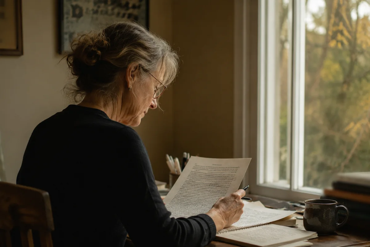 A writer at a desk by a window, reading a manuscript page