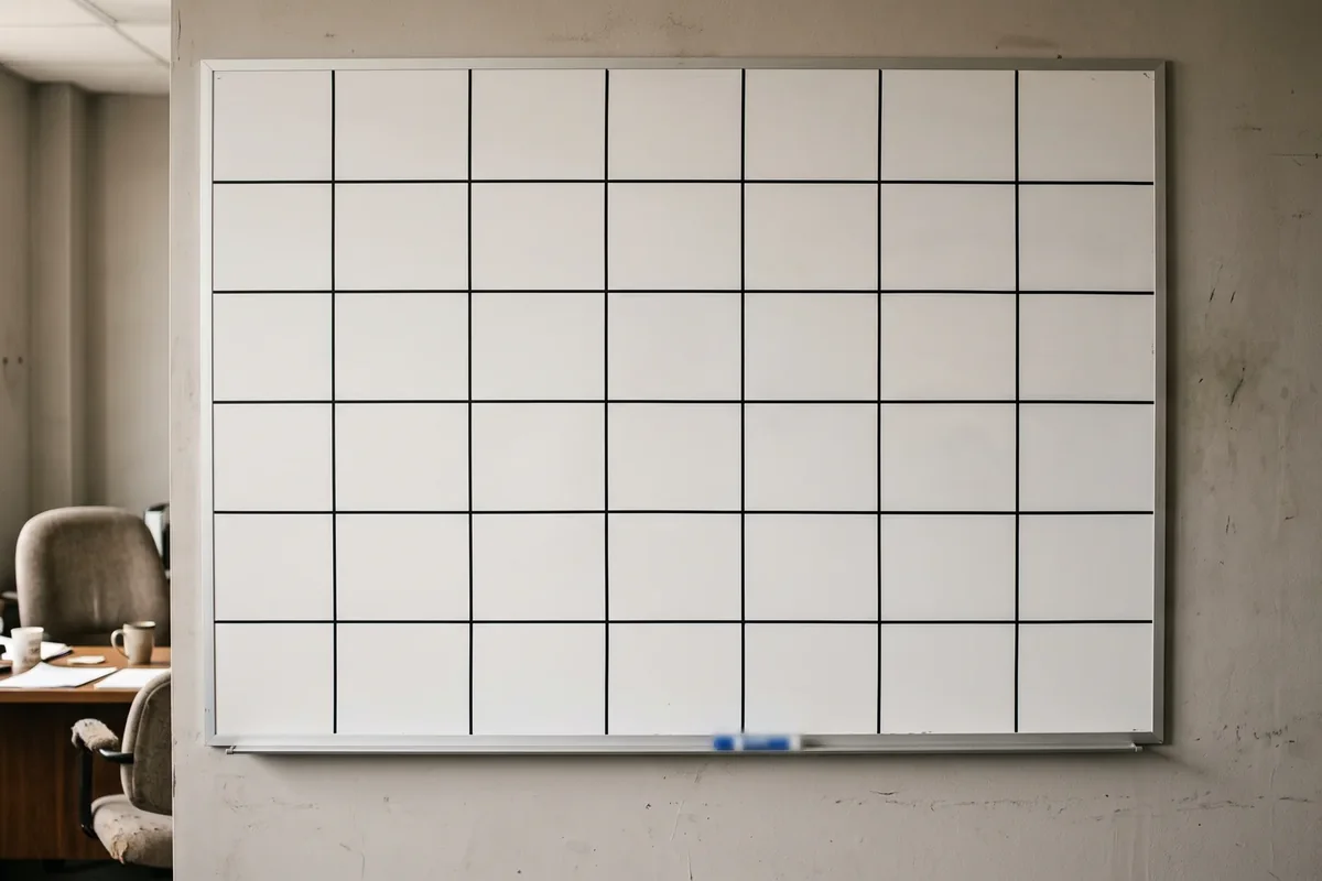 A whiteboard ruled into a month of empty squares