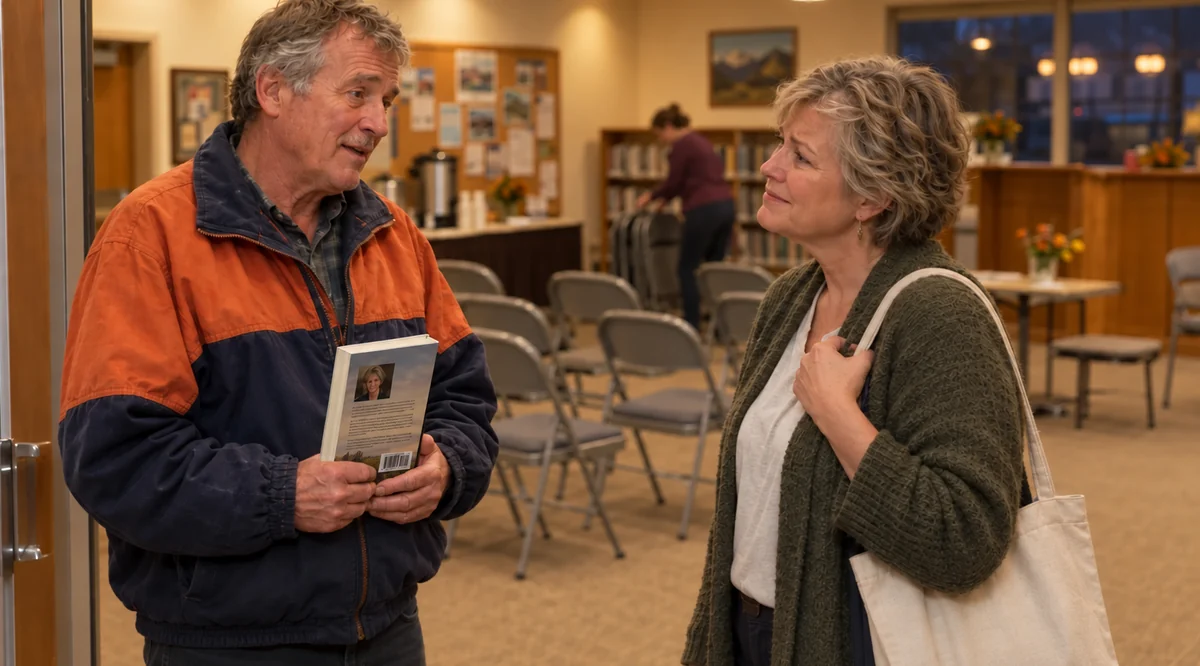 A man holding a worn library copy talks with the author after a reading in a library community room