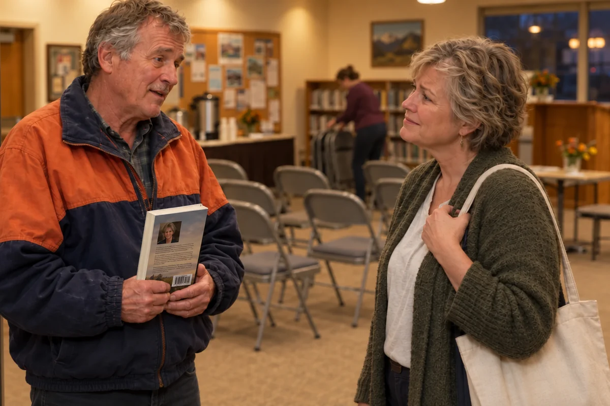 A man holding a worn library copy talks with the author after a reading in a library community room