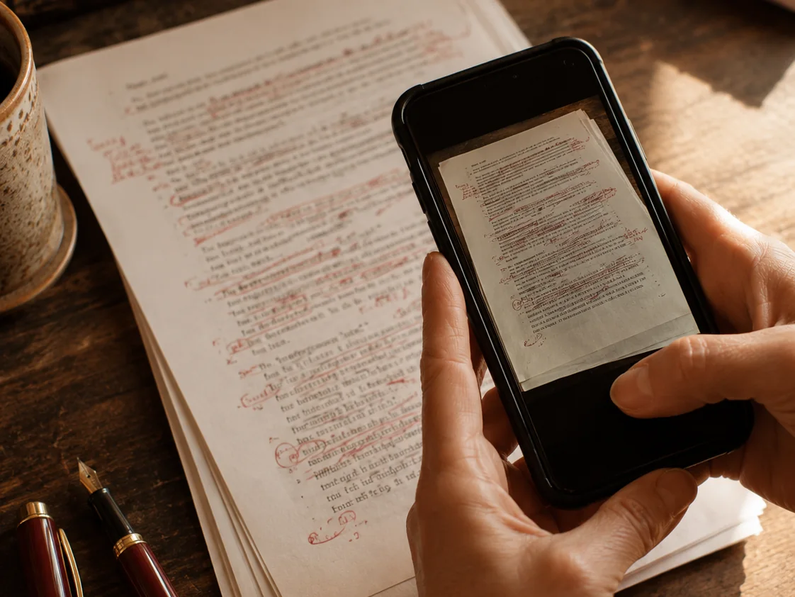 Hands photographing a marked-up manuscript page with a phone