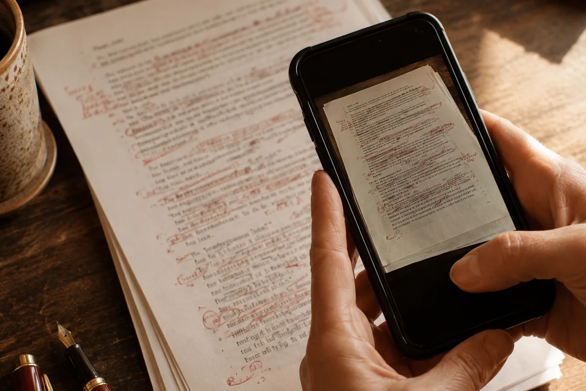 Hands photographing a marked-up manuscript page with a phone