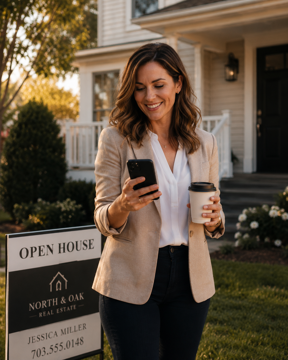 A realtor smiling at her phone in front of an open house yard sign, holding a coffee in one hand