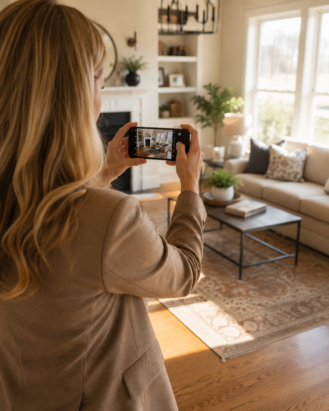A realtor photographing a bright, staged listing with their phone