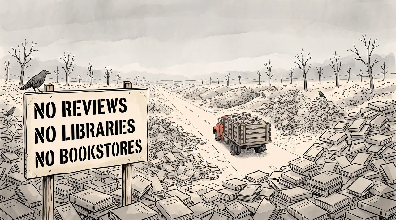 A pen drawing of a bleak landscape heaped with discarded books under a grey sky. A truck loaded with books drives away into it, past a roadside sign that reads: No reviews. No libraries. No bookstores.
