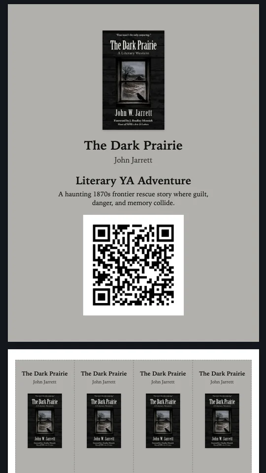 A printable table sign for The Dark Prairie with the cover, the headline and line from the previous screen, and the QR code, above a sheet of four bookmarks carrying the same QR code.