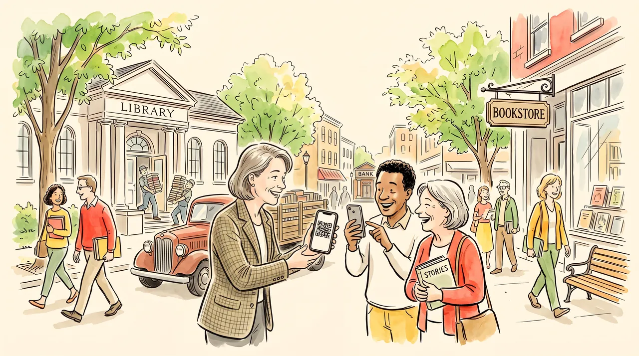 A pen and watercolour drawing of a sunny town square with a library and a bookstore. An author holds out her phone with a QR code to two smiling readers, one scanning it with his own phone, while movers carry stacks of books from a truck into the library.