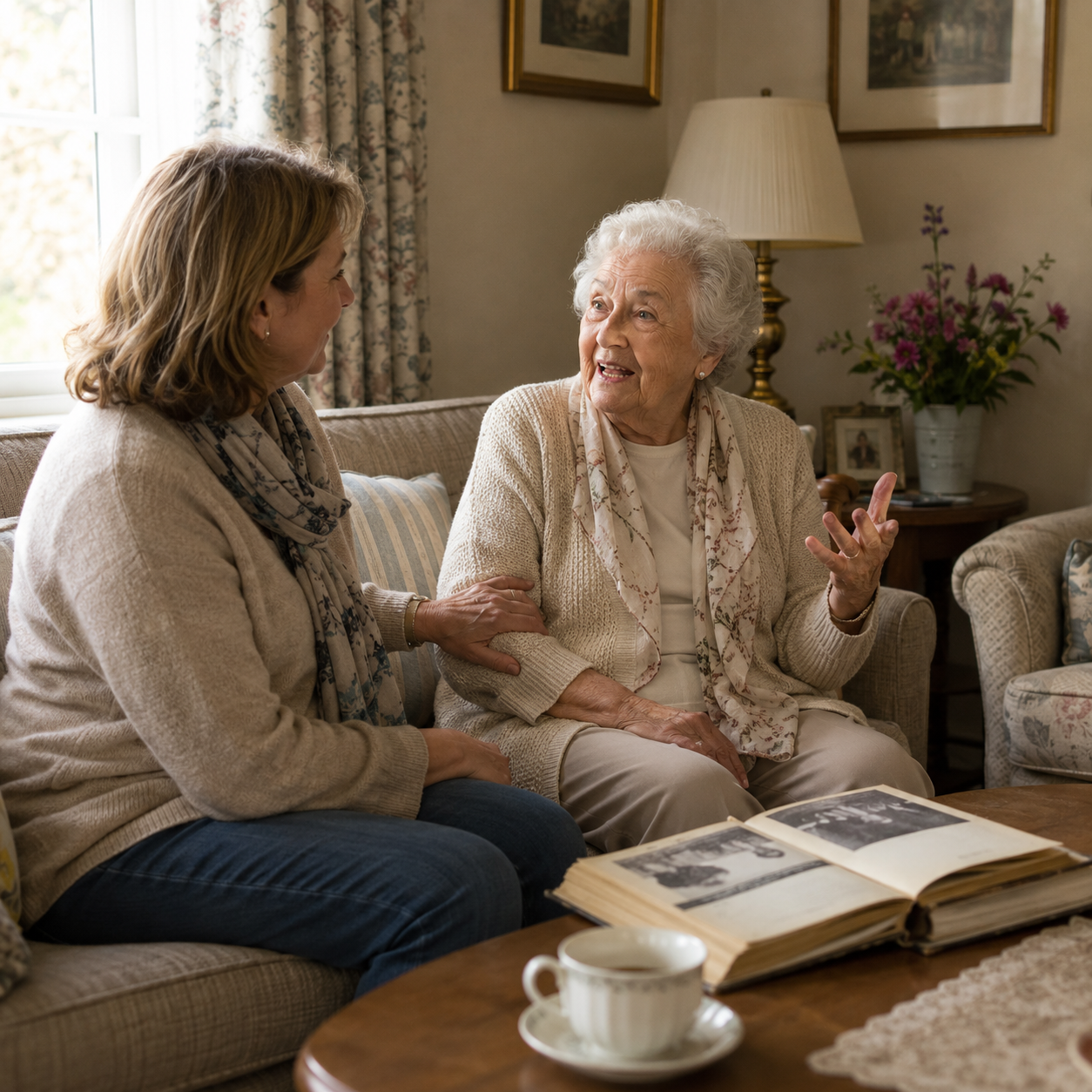 A family visiting a relative in a senior living community