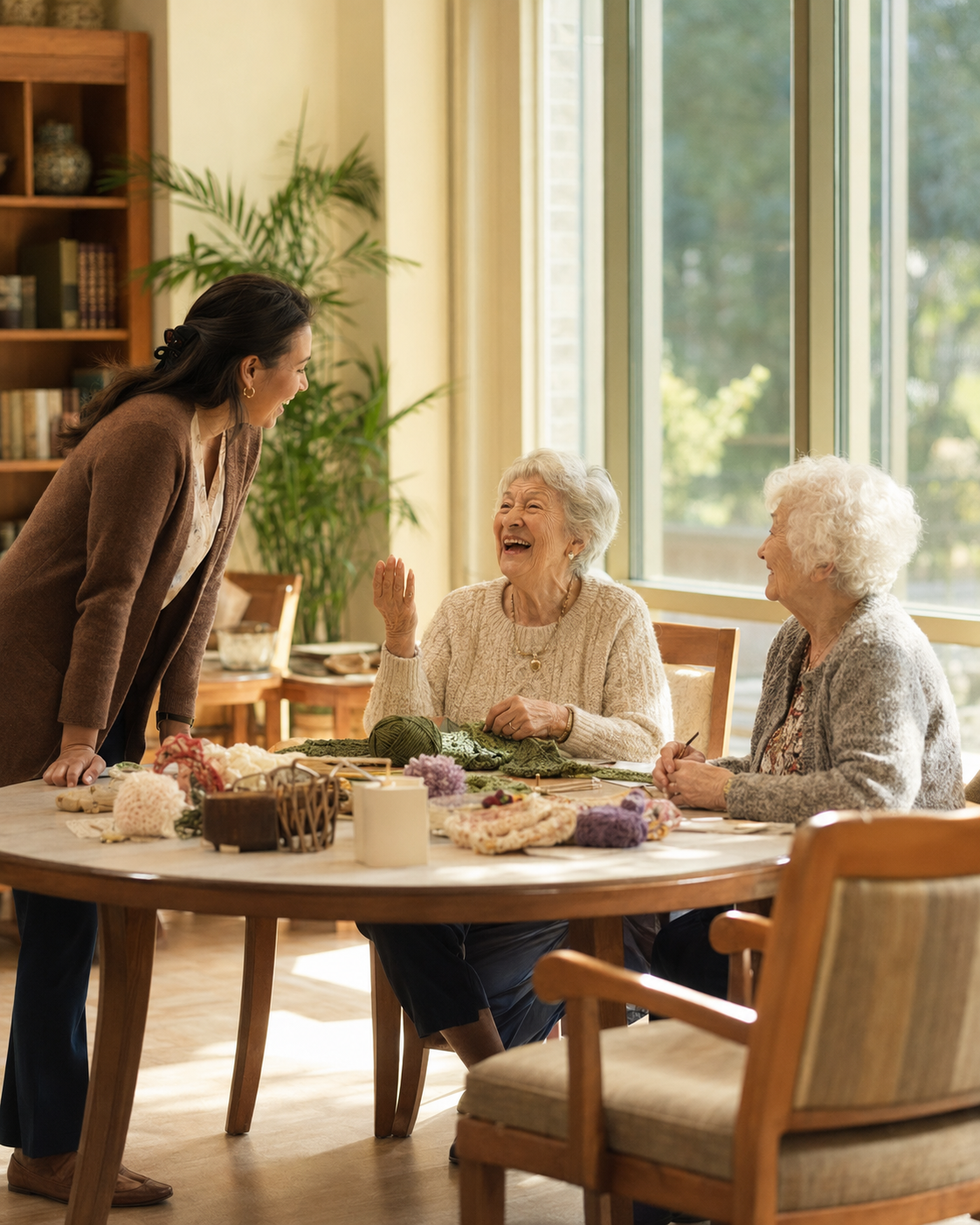Residents and staff in the shared spaces of a senior living community