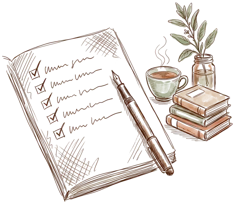 A pen drawing of an open notebook with a ticked checklist and a fountain pen, beside a cup of tea, a stack of books and a sprig of sage in a jar.