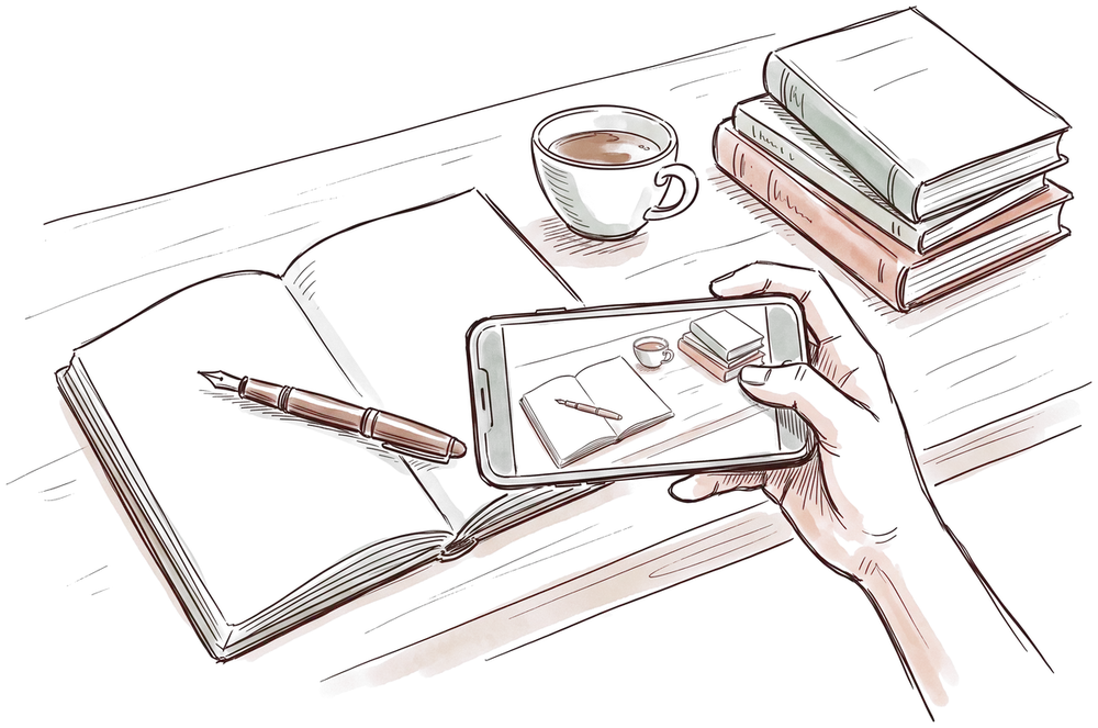 A pen drawing of a writer's desk: an open notebook with a fountain pen across it, a cup of coffee and a stack of books, and a hand photographing it all with a phone.