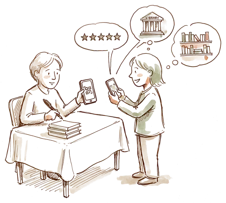 A pen drawing of a book signing: the author at a small table holds up a phone with a code, and a reader scans it with her own phone. Above her, bubbles show five stars, a library and a bookshop shelf.