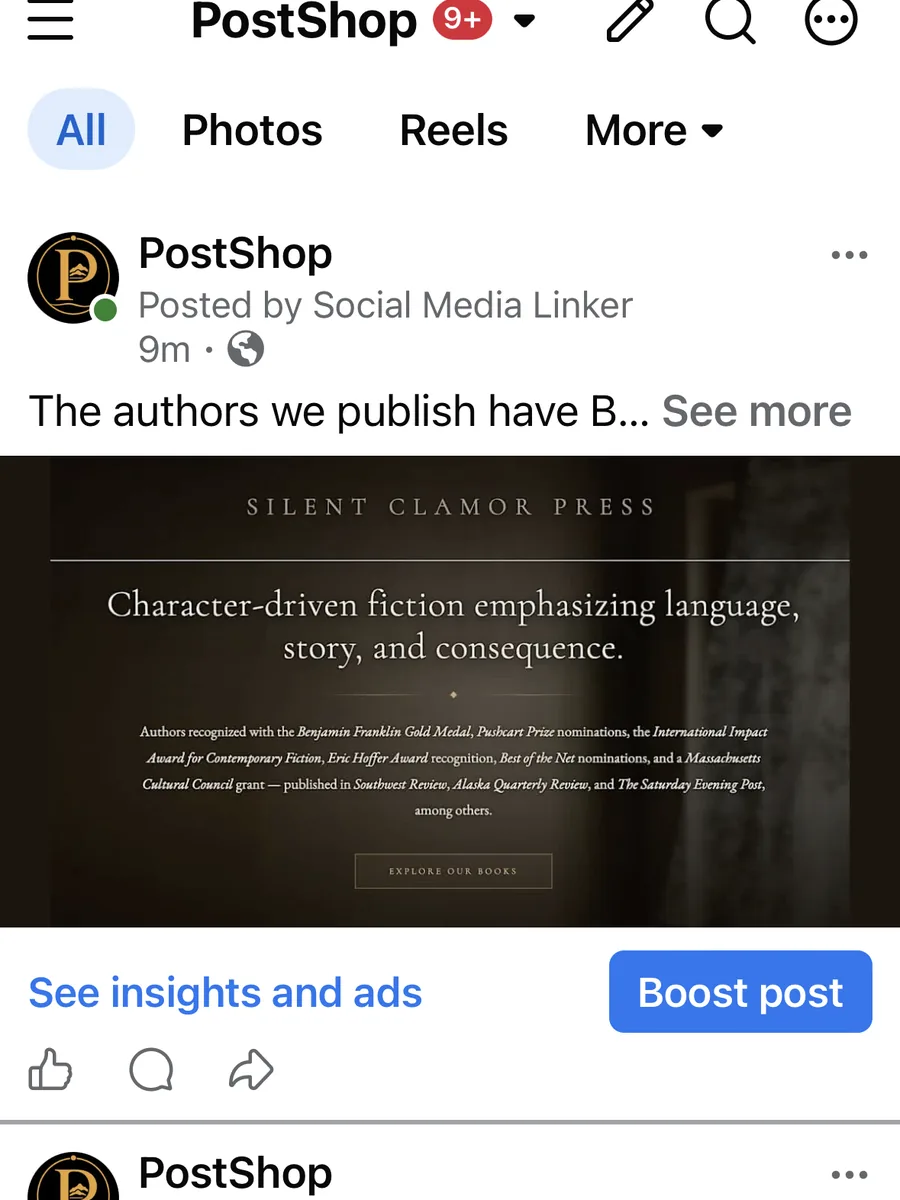 The same post on the Facebook page, nine minutes later
