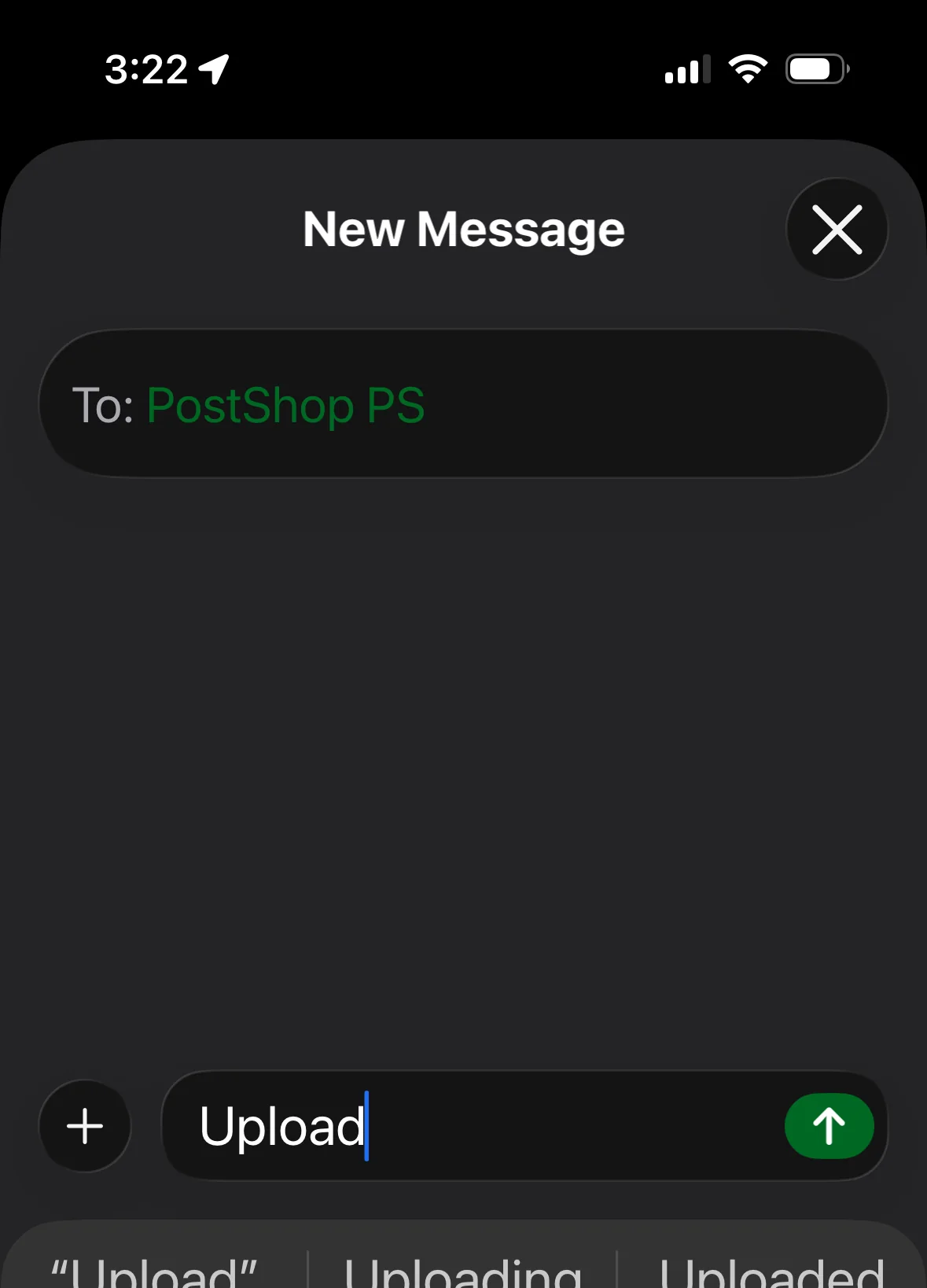 A new text message addressed to PostShop with the single word Upload typed in the message field.