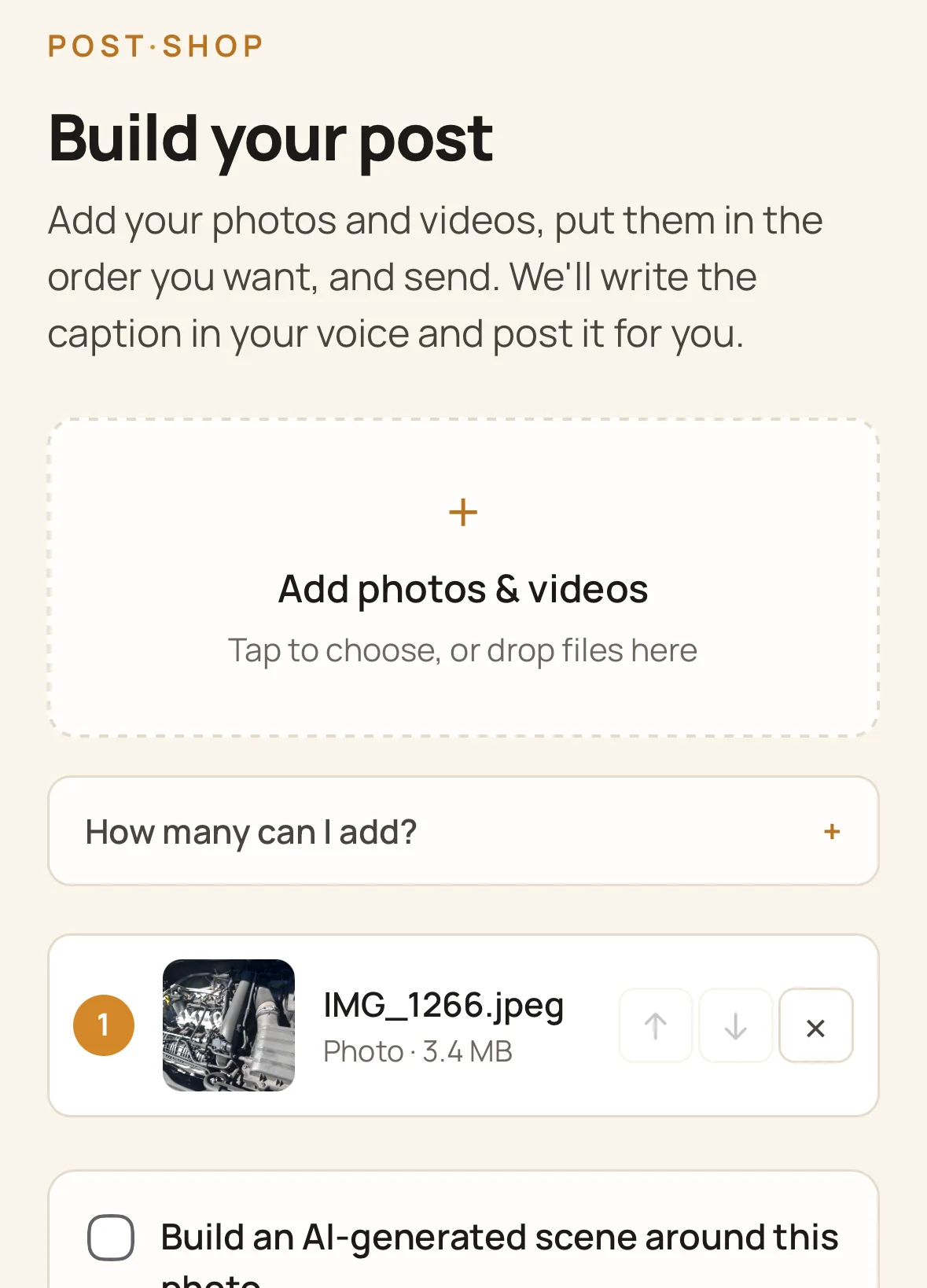 The private upload page with a photo of an engine bay added and ready to send.
