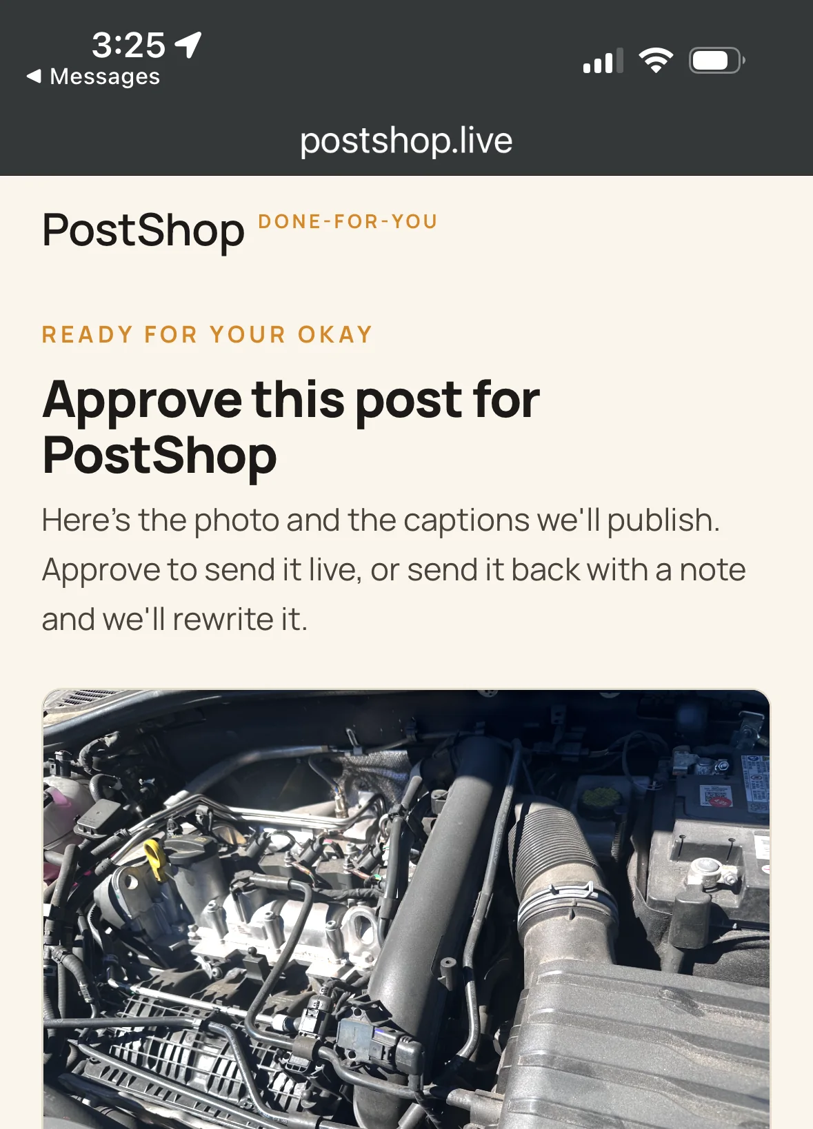 The approval page showing the engine bay photo and the captions PostShop wrote, before anything publishes.