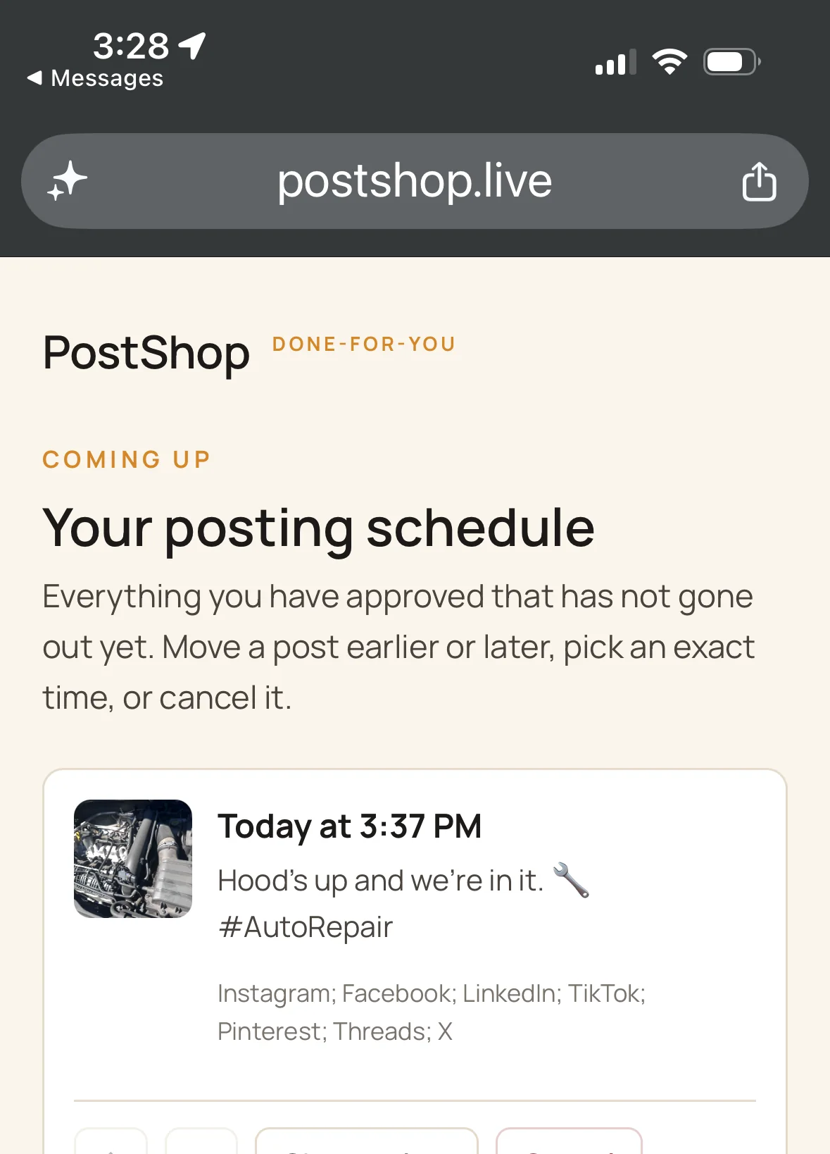 The schedule page on a phone, showing a post going out later today with buttons to move it earlier, later, change the time or cancel it.